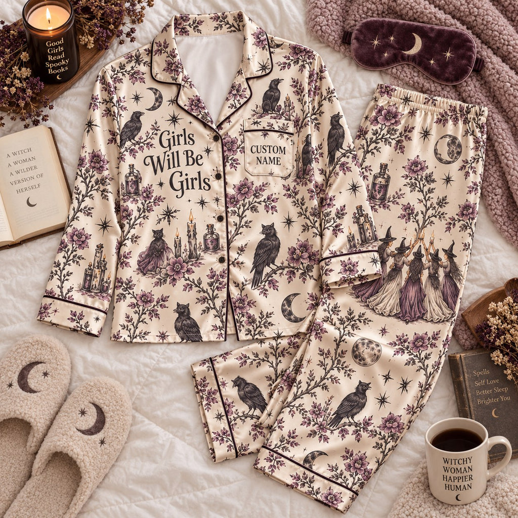 cream gothic floral satin pajamas flat lay with a custom name on the chest