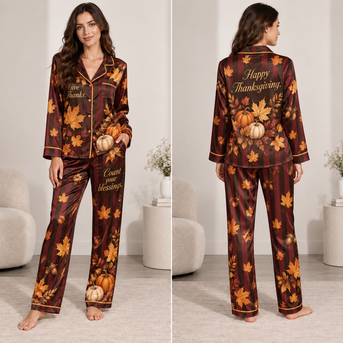 red satin pyjamas set with all over thanksgiving print and pumpkins