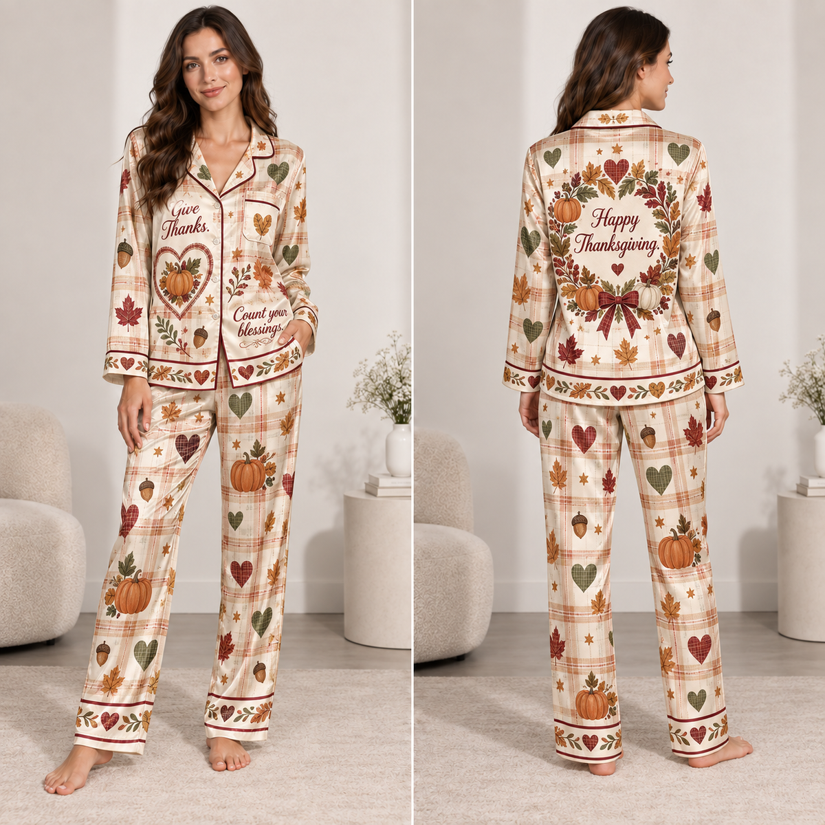 satin pyjamas with thanksgiving pumpkins hearts and plaid print front view