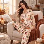 woman in plaid pumpkin lounge pyjamas holding a good morning pumpkin mug