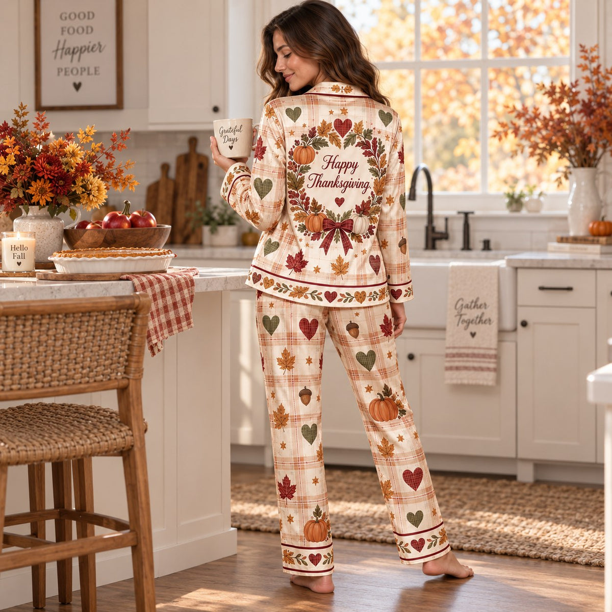 satin pyjama set with pumpkin heart print styled on cream bouclé chair