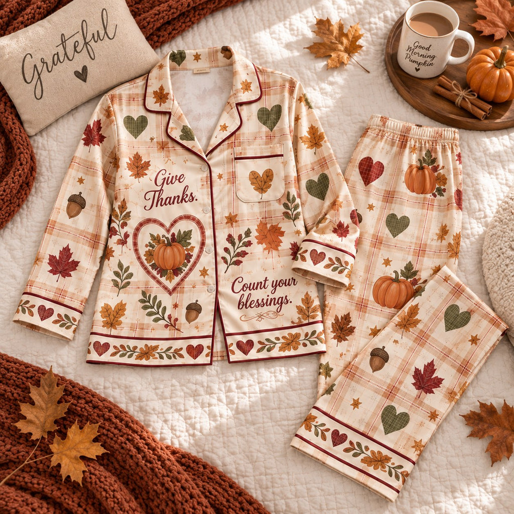 Give Thanks Count Your Blessings Happy Thanksgiving Satin Pyjamas, Plaid Pumpkin Lounge Pyjamas, Gifts For Her