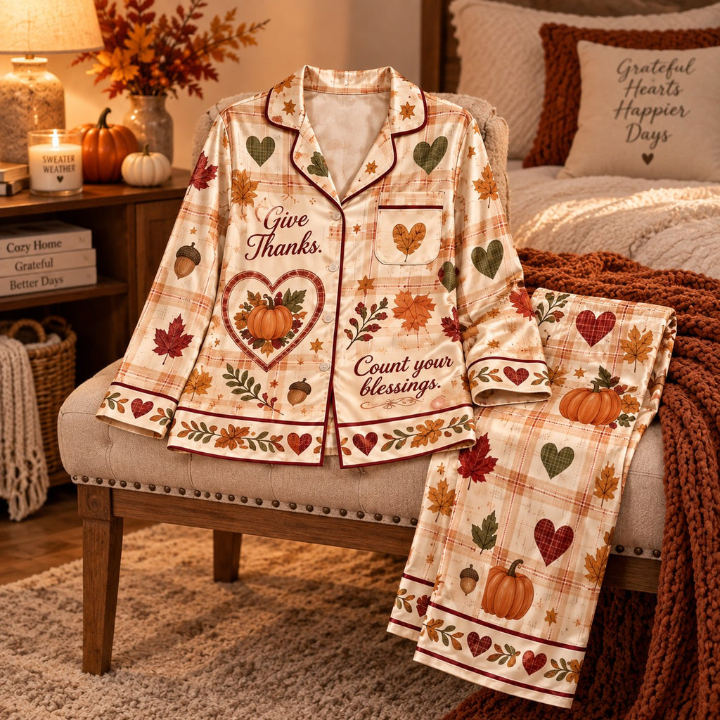 Give Thanks Count Your Blessings Happy Thanksgiving Satin Pyjamas, Plaid Pumpkin Lounge Pyjamas, Gifts For Her