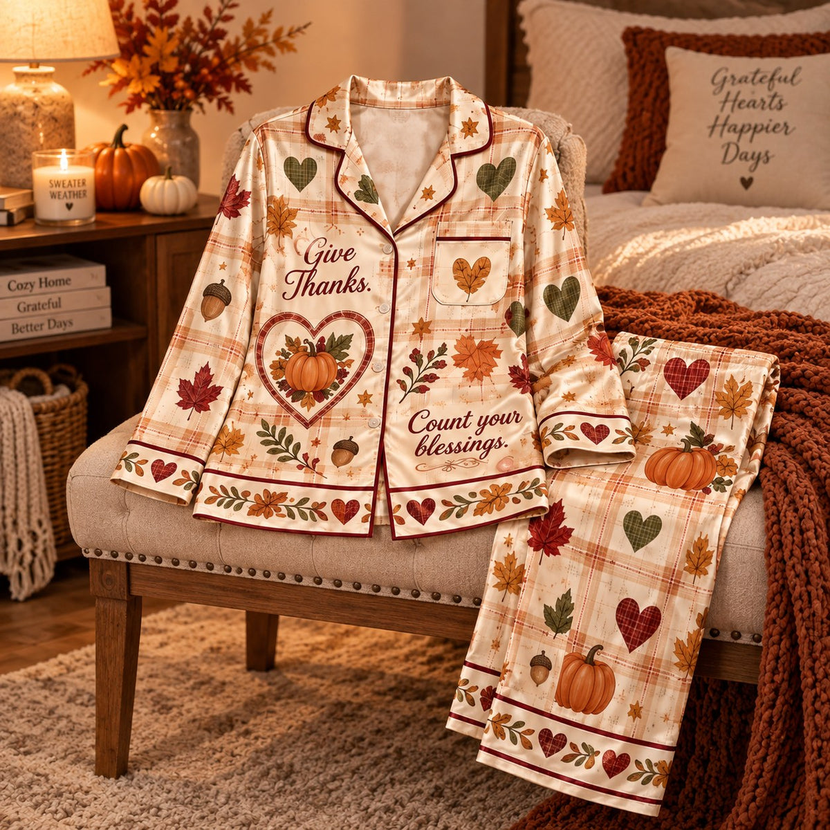 Give Thanks Count Your Blessings Happy Thanksgiving Satin Pyjamas, Plaid Pumpkin Lounge Pyjamas, Gifts For Her
