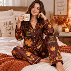 back view showing happy thanksgiving text and pumpkin print on satin pyjamas