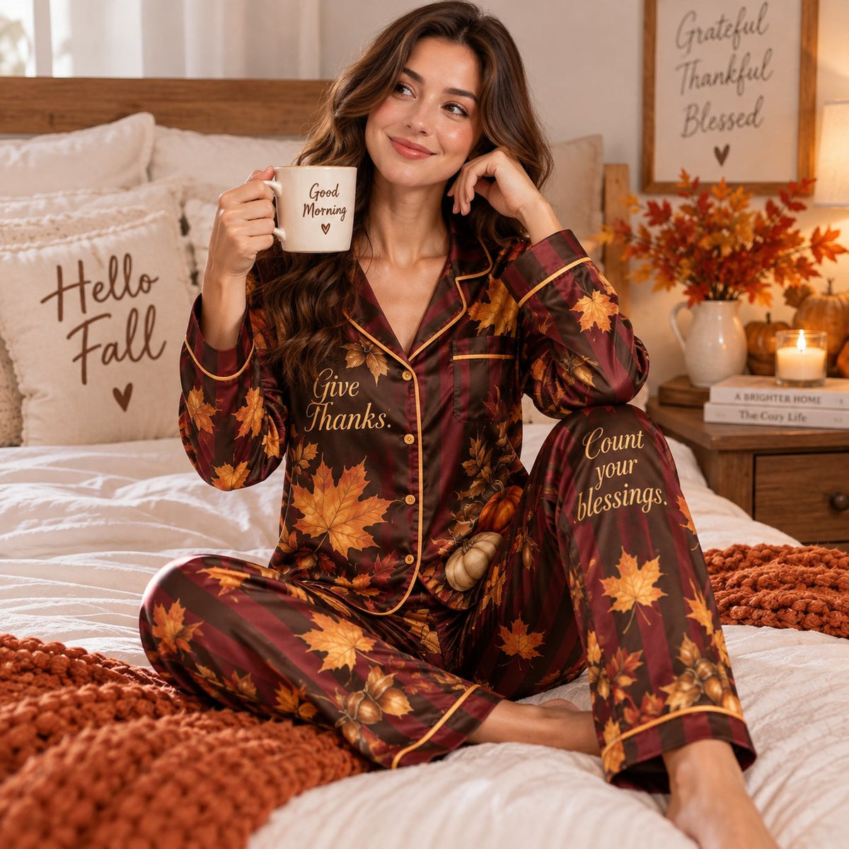back view showing happy thanksgiving text and pumpkin print on satin pyjamas
