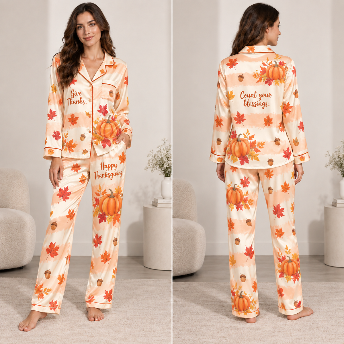 satin pajamas with all-over pumpkin and autumn leaves print, give thanks design