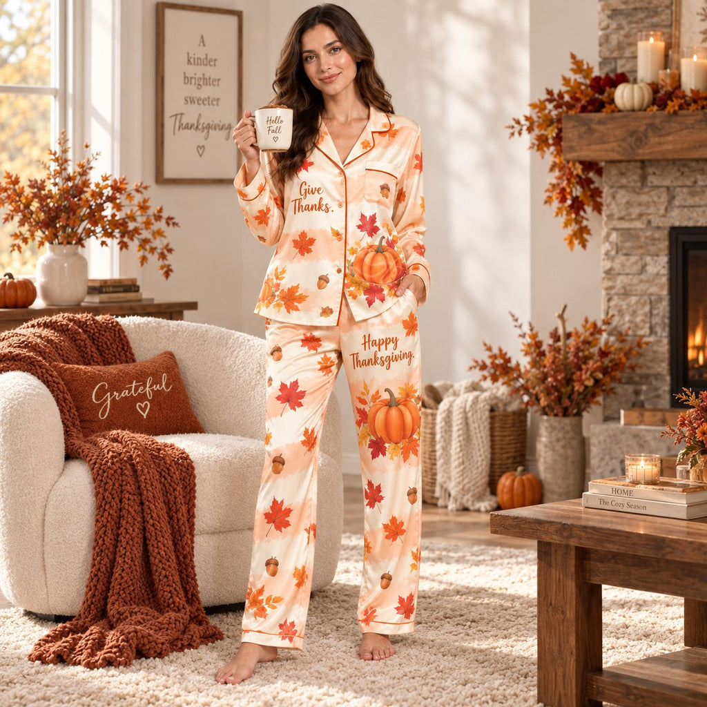 back view of thanksgiving satin pajama set showing count your blessings print