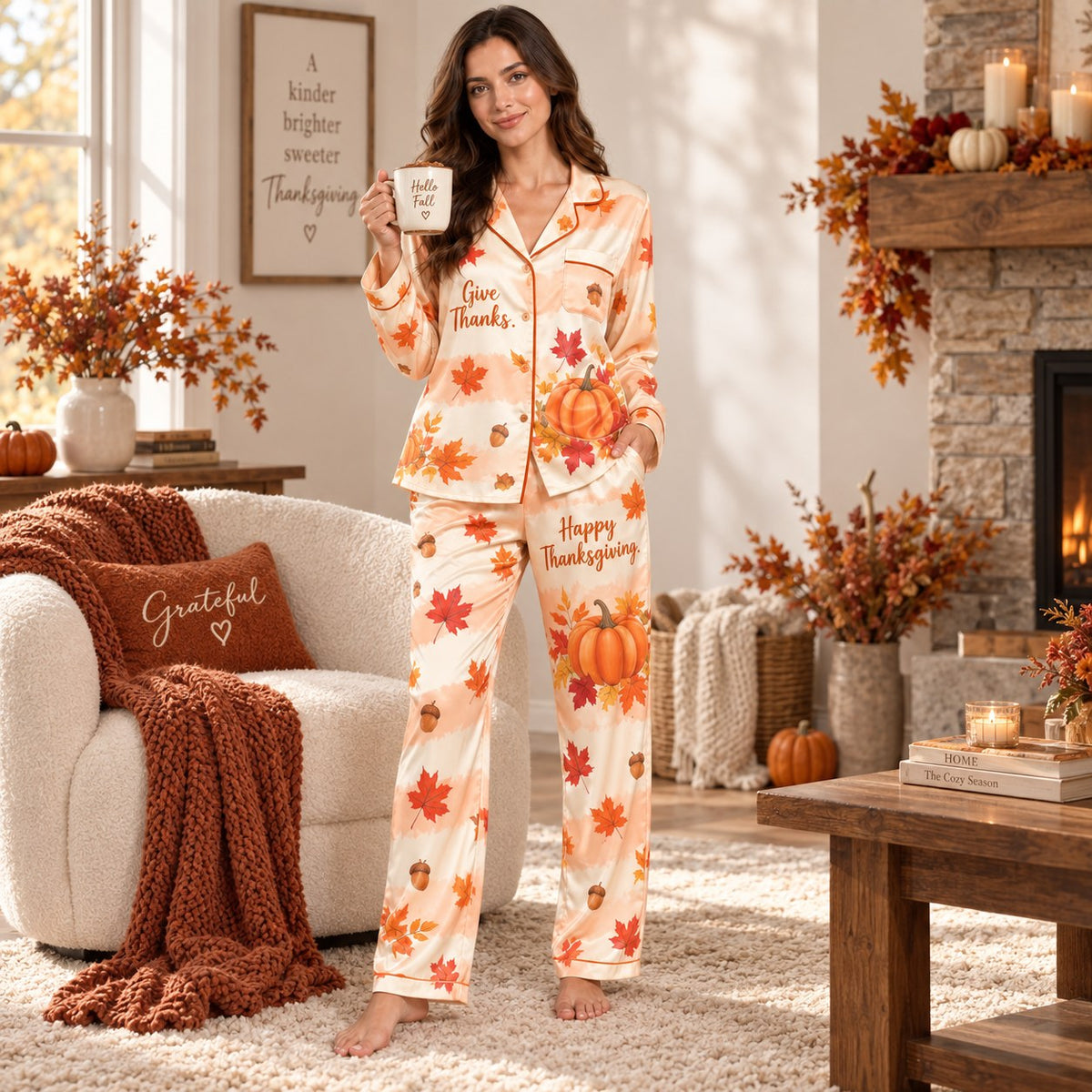 back view of thanksgiving satin pajama set showing count your blessings print