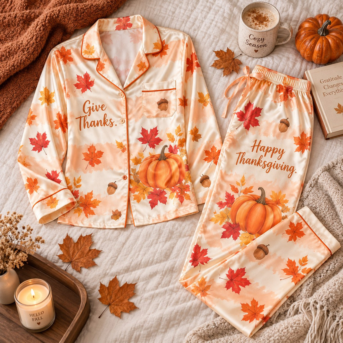 Give Thanks Count Your Blessings Happy Thanksgiving Satin Pyjamas, Lounge Pyjamas, Button Up Pyjamas Gifts For Her