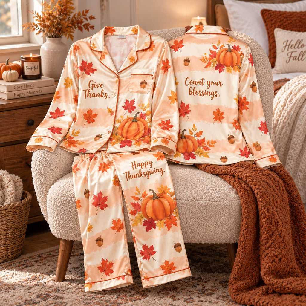 Give Thanks Count Your Blessings Happy Thanksgiving Satin Pyjamas, Lounge Pyjamas, Button Up Pyjamas Gifts For Her