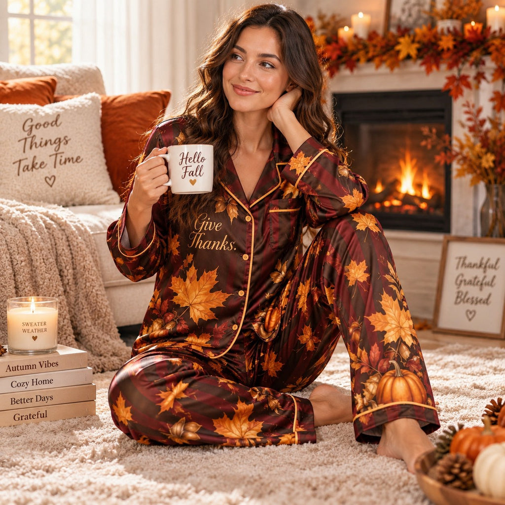 woman sitting on bed holding a mug in printed satin pyjamas