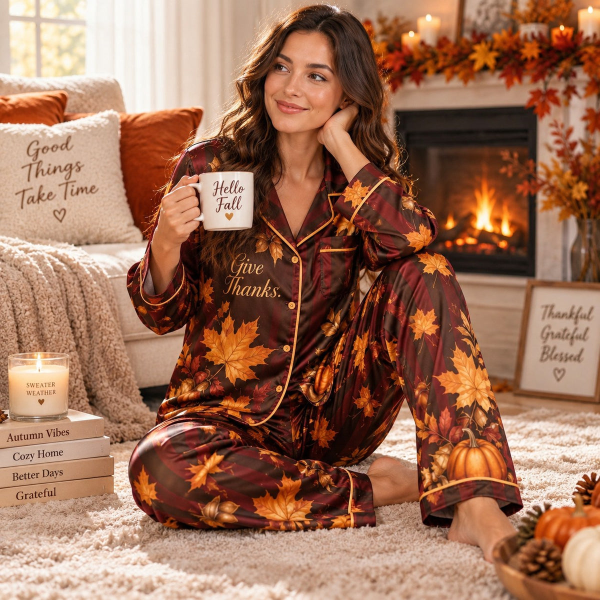 woman sitting on bed holding a mug in printed satin pyjamas
