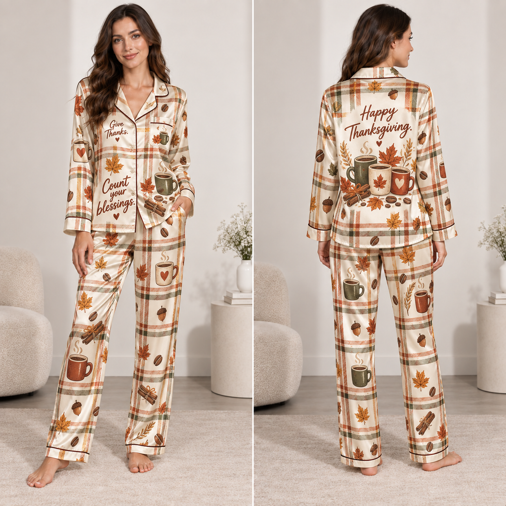 woman modelling a plaid thanksgiving pyjama set with coffee mugs and leaves