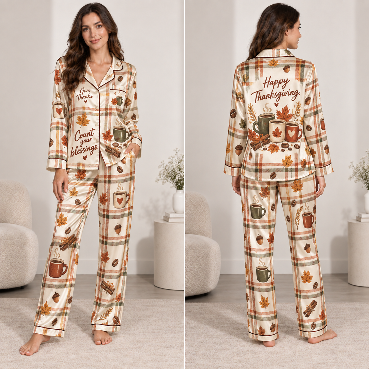 woman modelling a plaid thanksgiving pyjama set with coffee mugs and leaves