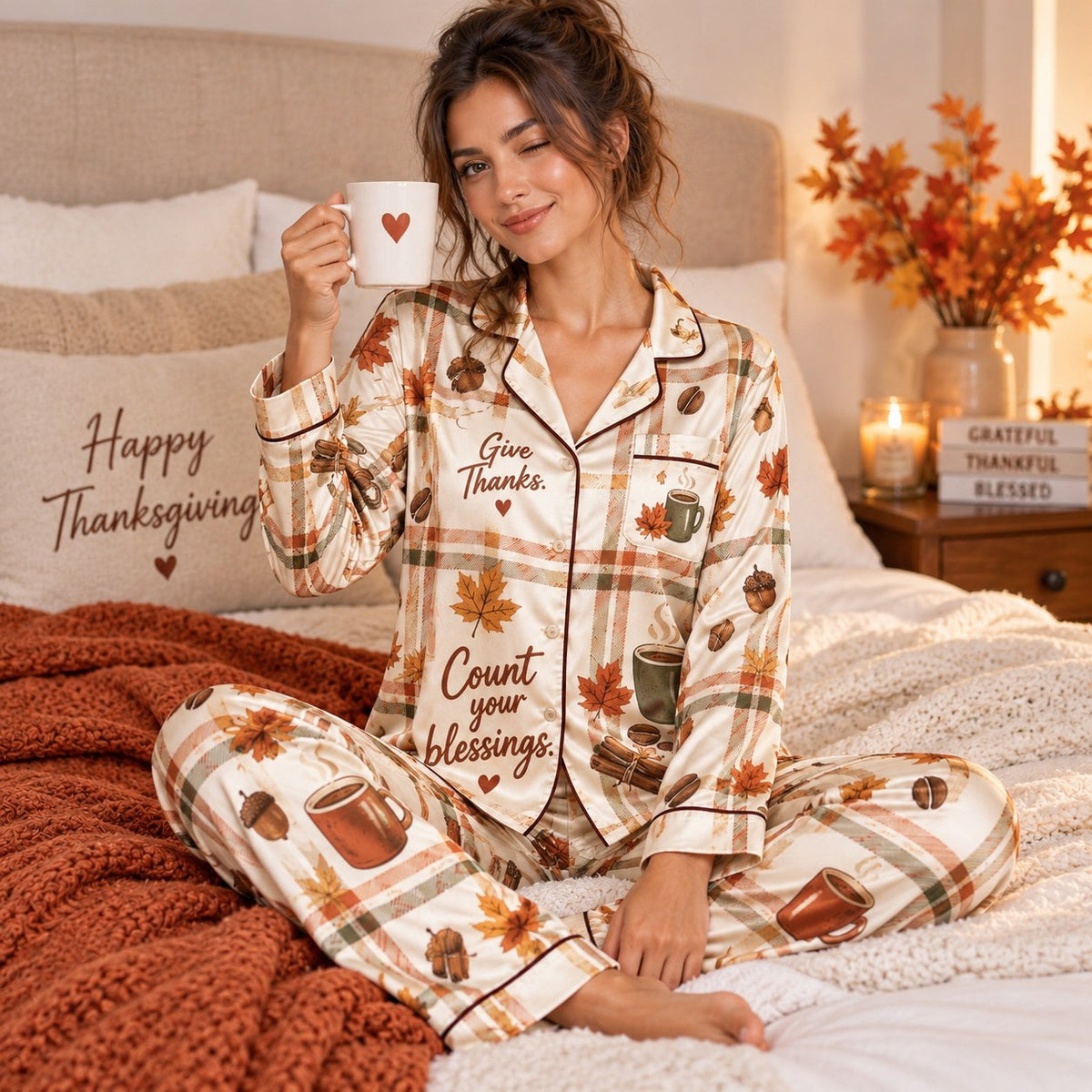 back view of the printed happy thanksgiving satin pyjama set