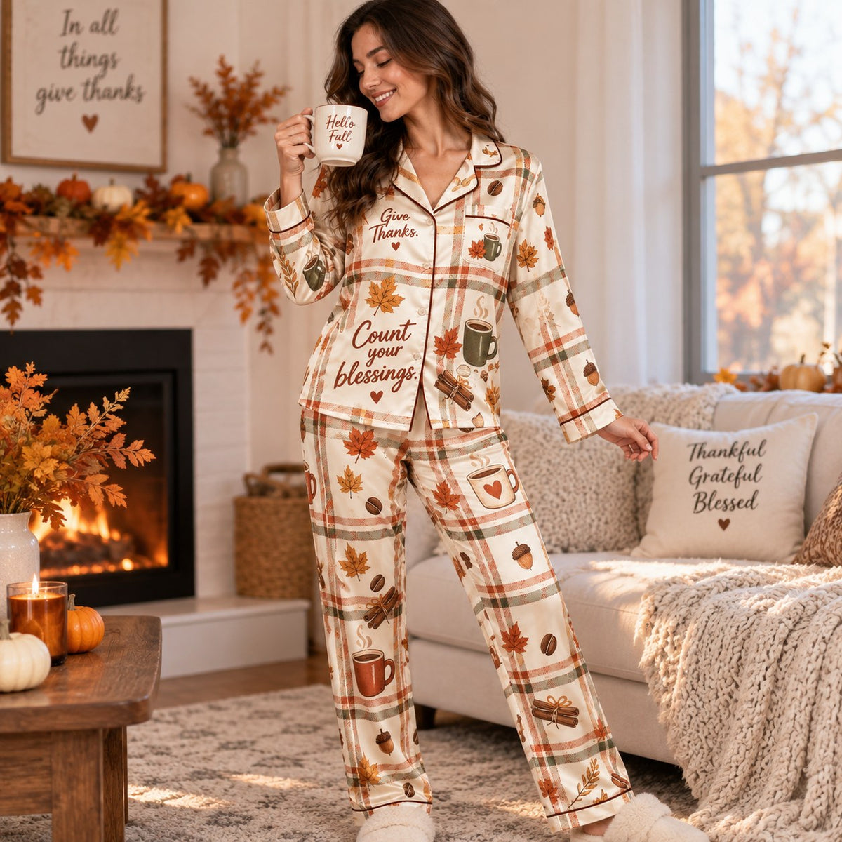 lounging on the bed in a cream and rust autumn pyjama set
