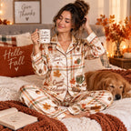 front view model in a button up thanksgiving pyjama set