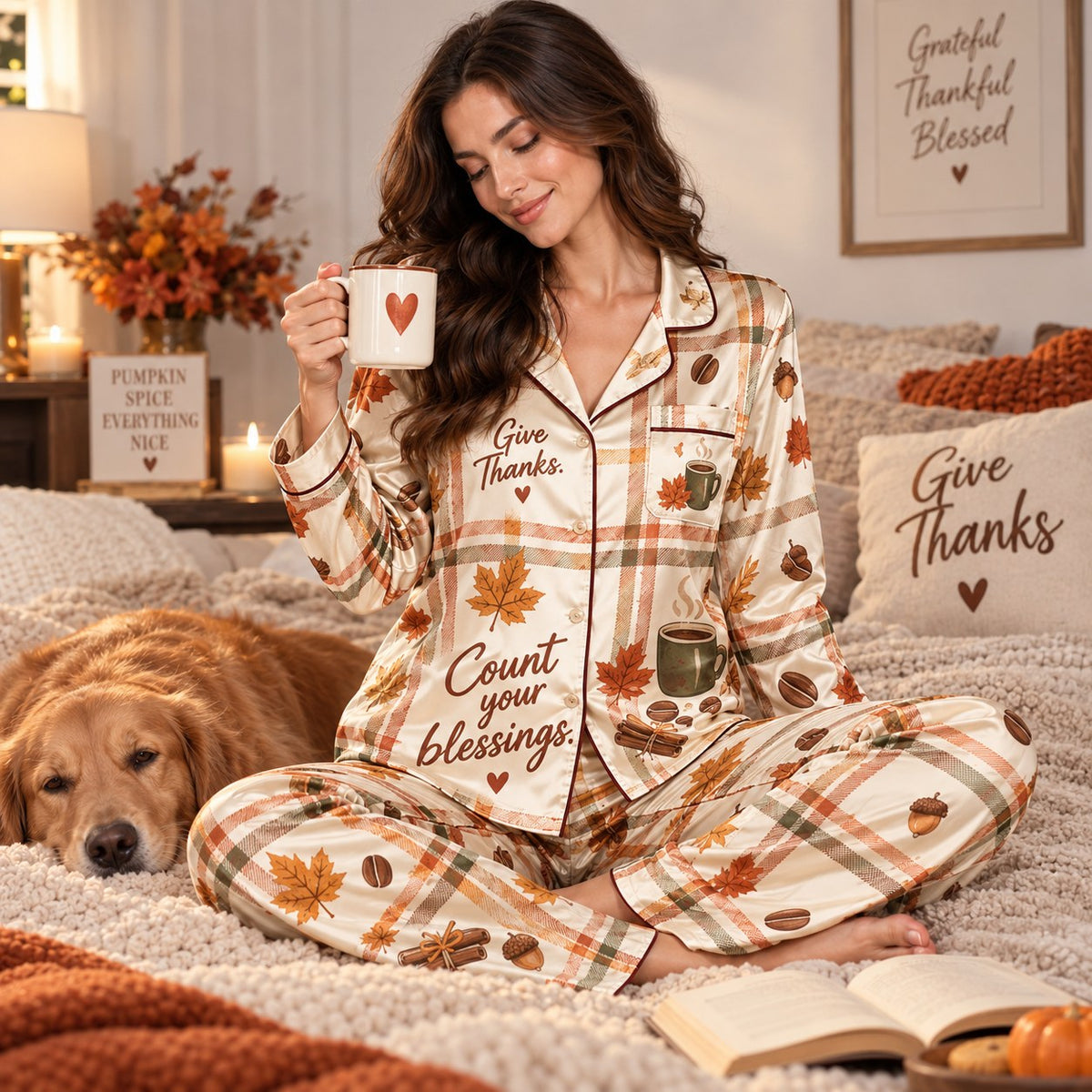 Give Thanks Count Your Blessings Happy Thanksgiving Plaid Pyjamas, Button Up Lounge Pyjamas, Kimono Style Sleep In Pyjamas Gifts For Her