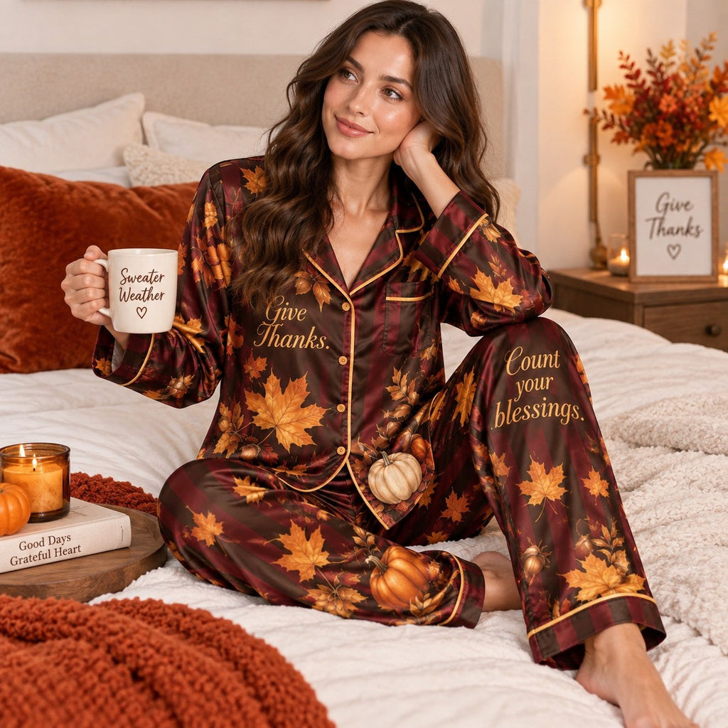 woman by a fireplace in thanksgiving satin pyjamas set