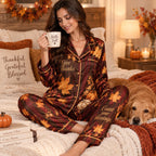 Give Thanks Count Your Blessings Happy Thanksgiving Satin Pyjamas, Red Satin Pyjamas, Lounge Pyjamas Gifts For Her