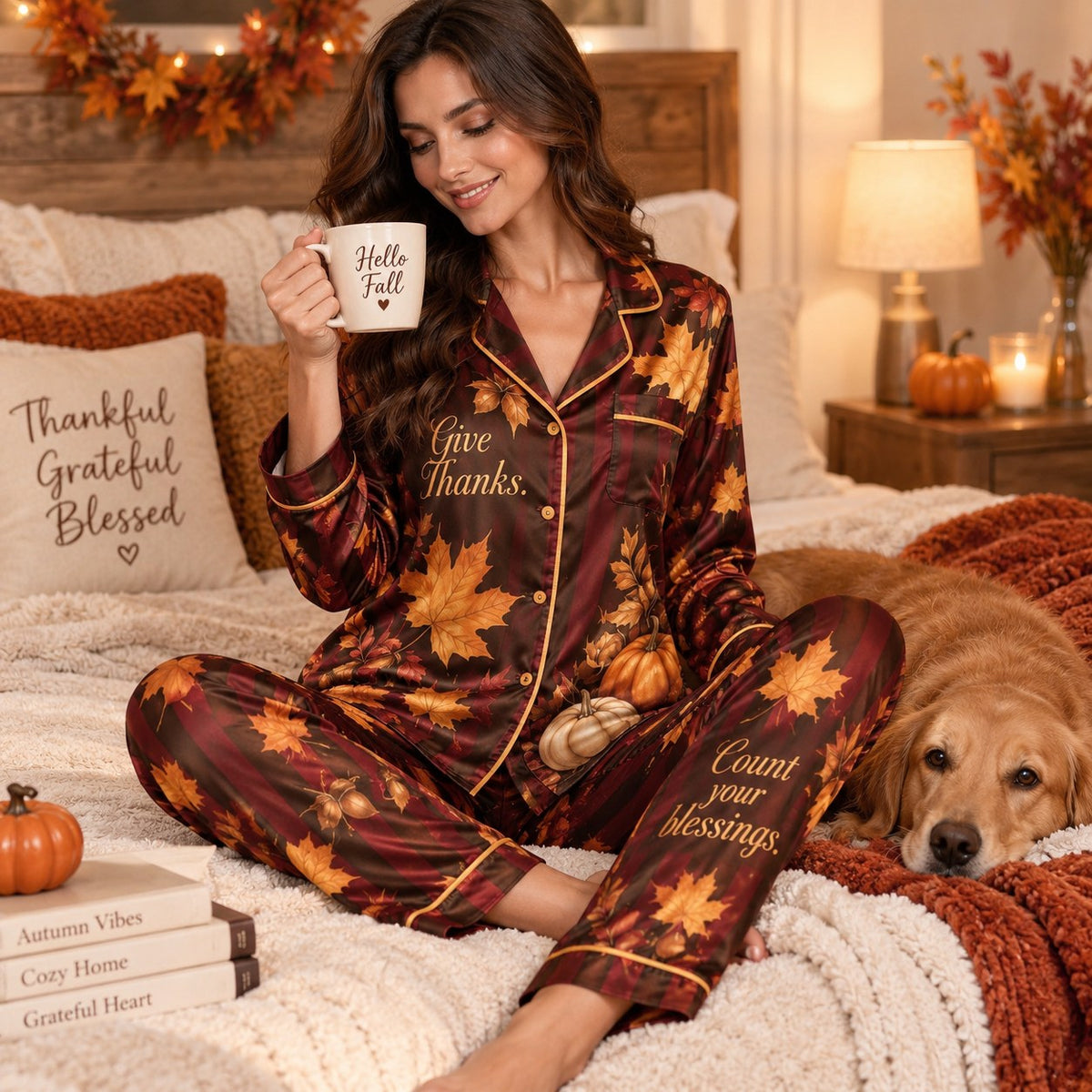 Give Thanks Count Your Blessings Happy Thanksgiving Satin Pyjamas, Red Satin Pyjamas, Lounge Pyjamas Gifts For Her