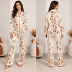 front view of a woman wearing a thanksgiving satin pyjama set with