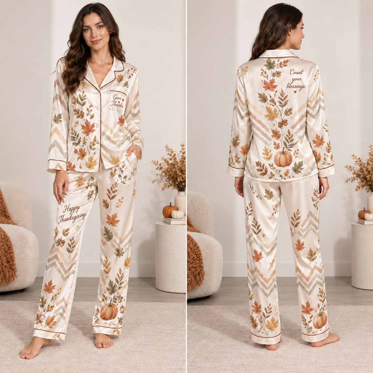 front view of a woman wearing a thanksgiving satin pyjama set with