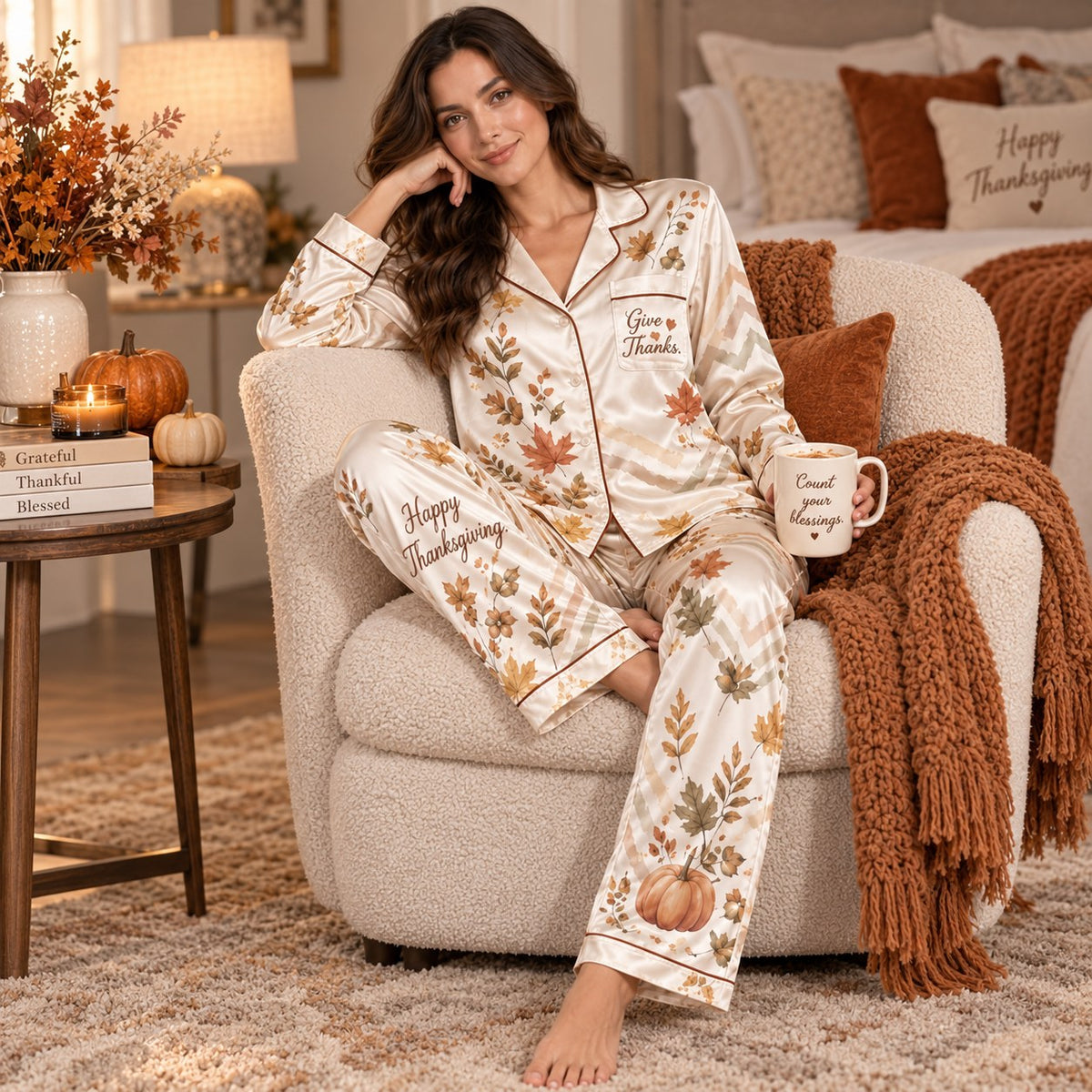 back view of the give thanks autumn satin pyjama set showing the