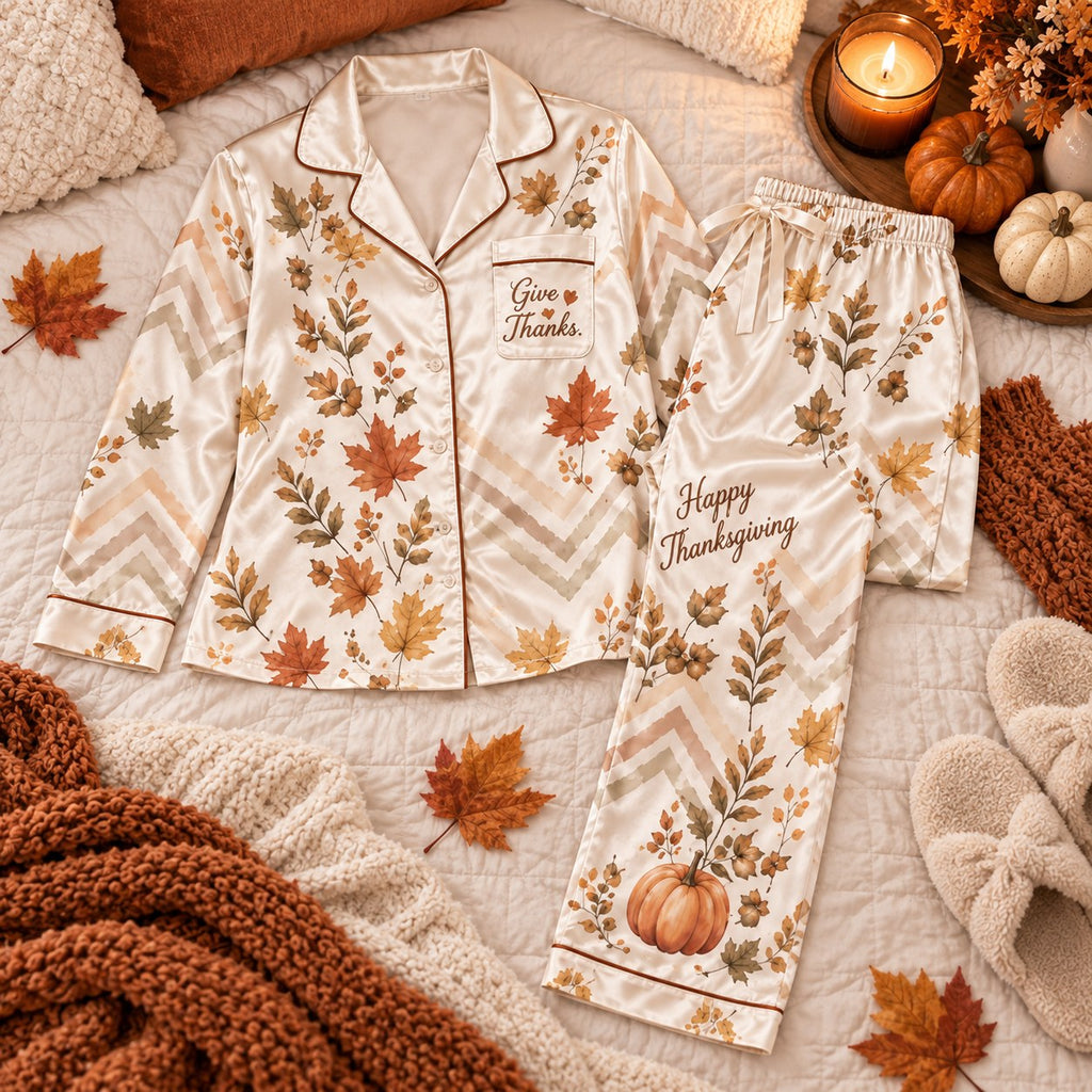 Give Thanks Happy Thanksgiving Count Your Blessings Autumn Satin Pyjamas, Fall Leaves Pyjamas, Button Up Pyjamas