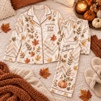 Give Thanks Happy Thanksgiving Count Your Blessings Autumn Satin Pyjamas, Fall Leaves Pyjamas, Button Up Pyjamas