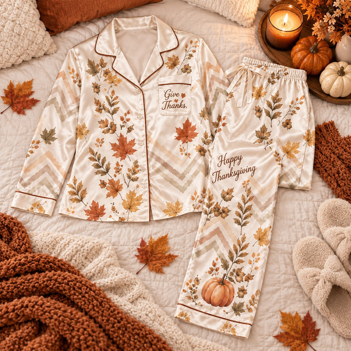 Give Thanks Happy Thanksgiving Count Your Blessings Autumn Satin Pyjamas, Fall Leaves Pyjamas, Button Up Pyjamas