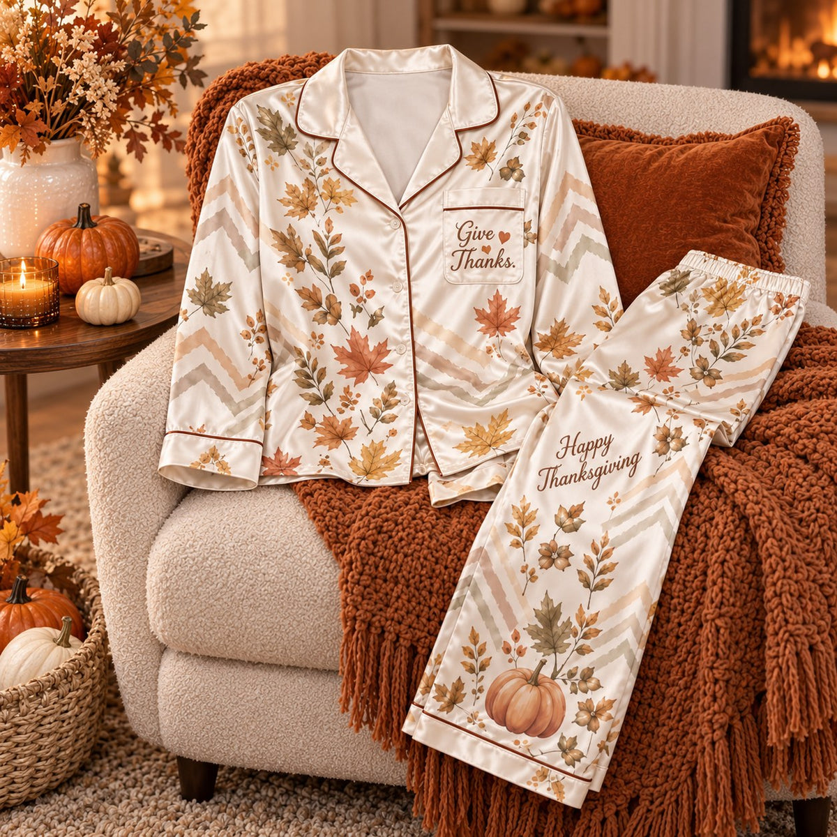 Give Thanks Happy Thanksgiving Count Your Blessings Autumn Satin Pyjamas, Fall Leaves Pyjamas, Button Up Pyjamas