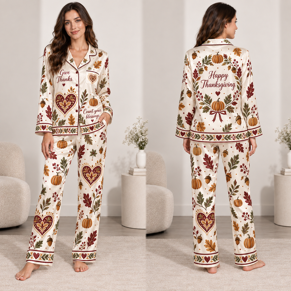 woman wearing thanksgiving satin pyjamas with pumpkin and leaf print