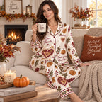 back view of satin pyjama set showing happy thanksgiving text and pumpkins