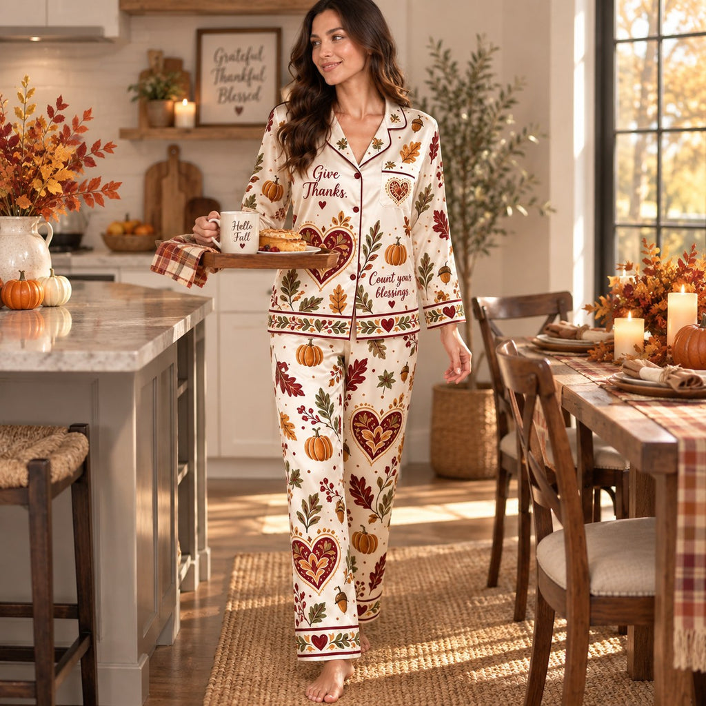 woman stretching arms in thanksgiving themed satin loungewear set