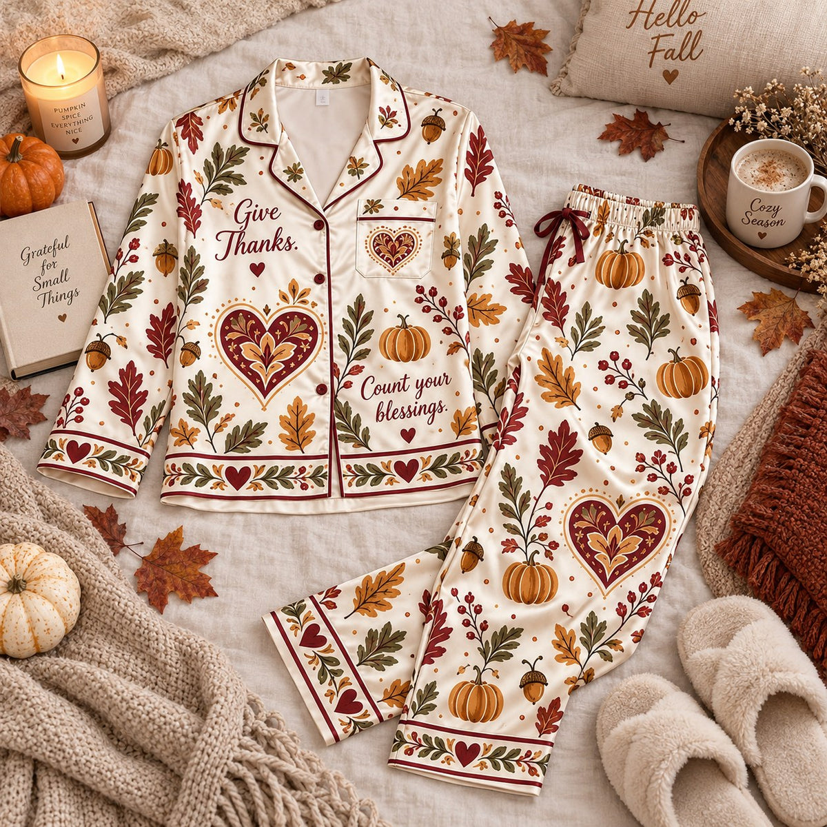 Give Thanks Happy Thanksgiving Satin Pyjamas, Count Your Blessings Autumn Lounge Pyjamas, Pumpkin Leaf Xmas Pyjamas