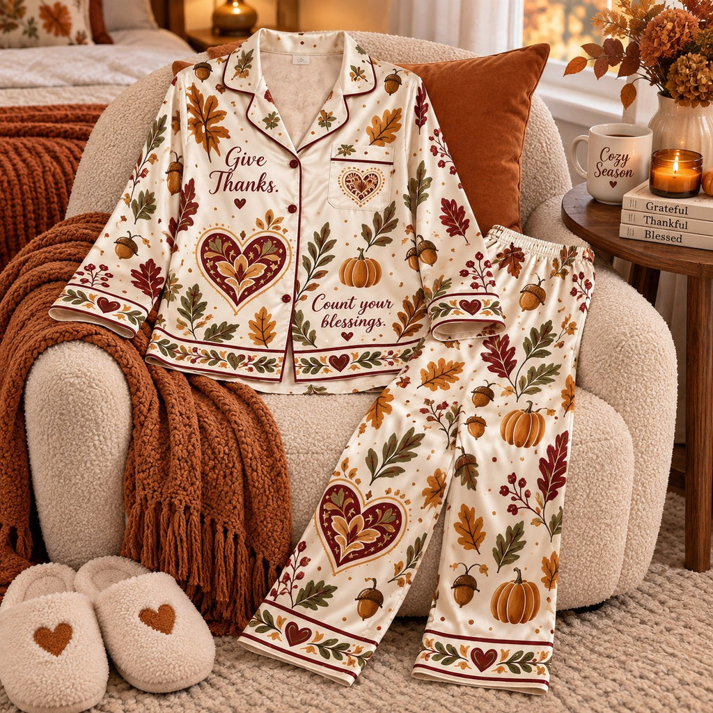 Give Thanks Happy Thanksgiving Satin Pyjamas, Count Your Blessings Autumn Lounge Pyjamas, Pumpkin Leaf Xmas Pyjamas