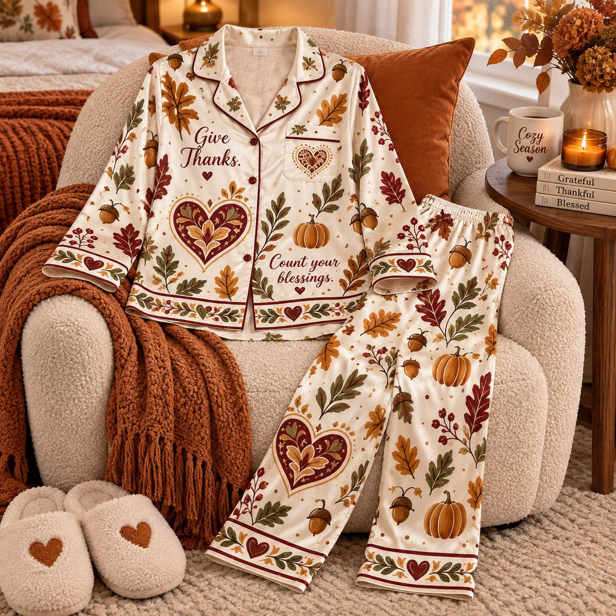 Give Thanks Happy Thanksgiving Satin Pyjamas, Count Your Blessings Autumn Lounge Pyjamas, Pumpkin Leaf Xmas Pyjamas