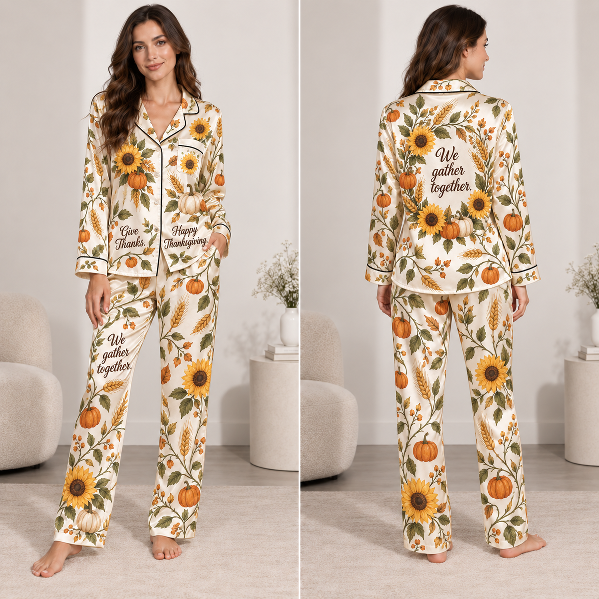satin pyjamas set with pumpkin sunflower and wheat thanksgiving print