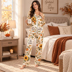 model wearing button up satin pyjamas in autumn pumpkin print
