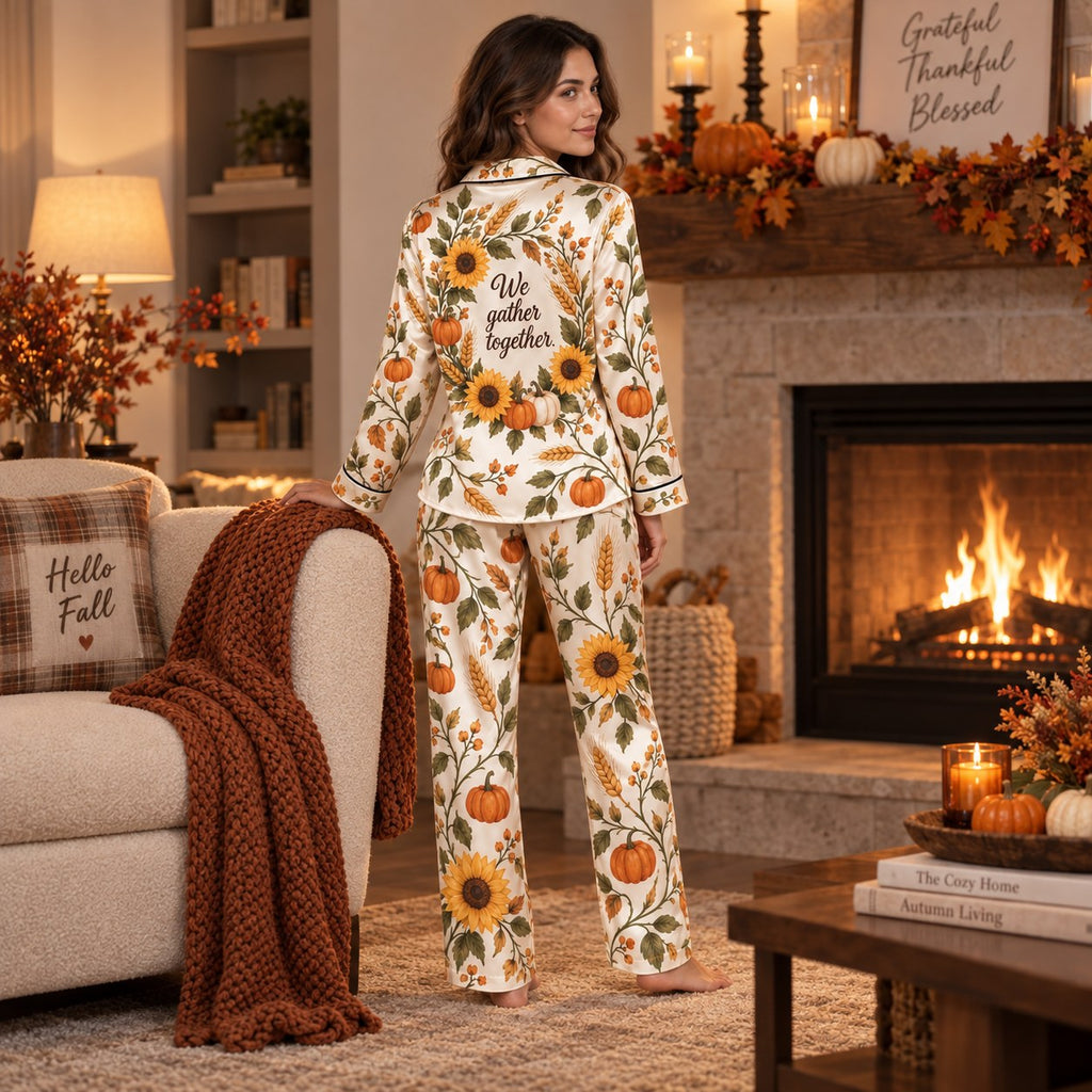woman in thanksgiving satin pyjamas standing by a harvest decorated fireplace