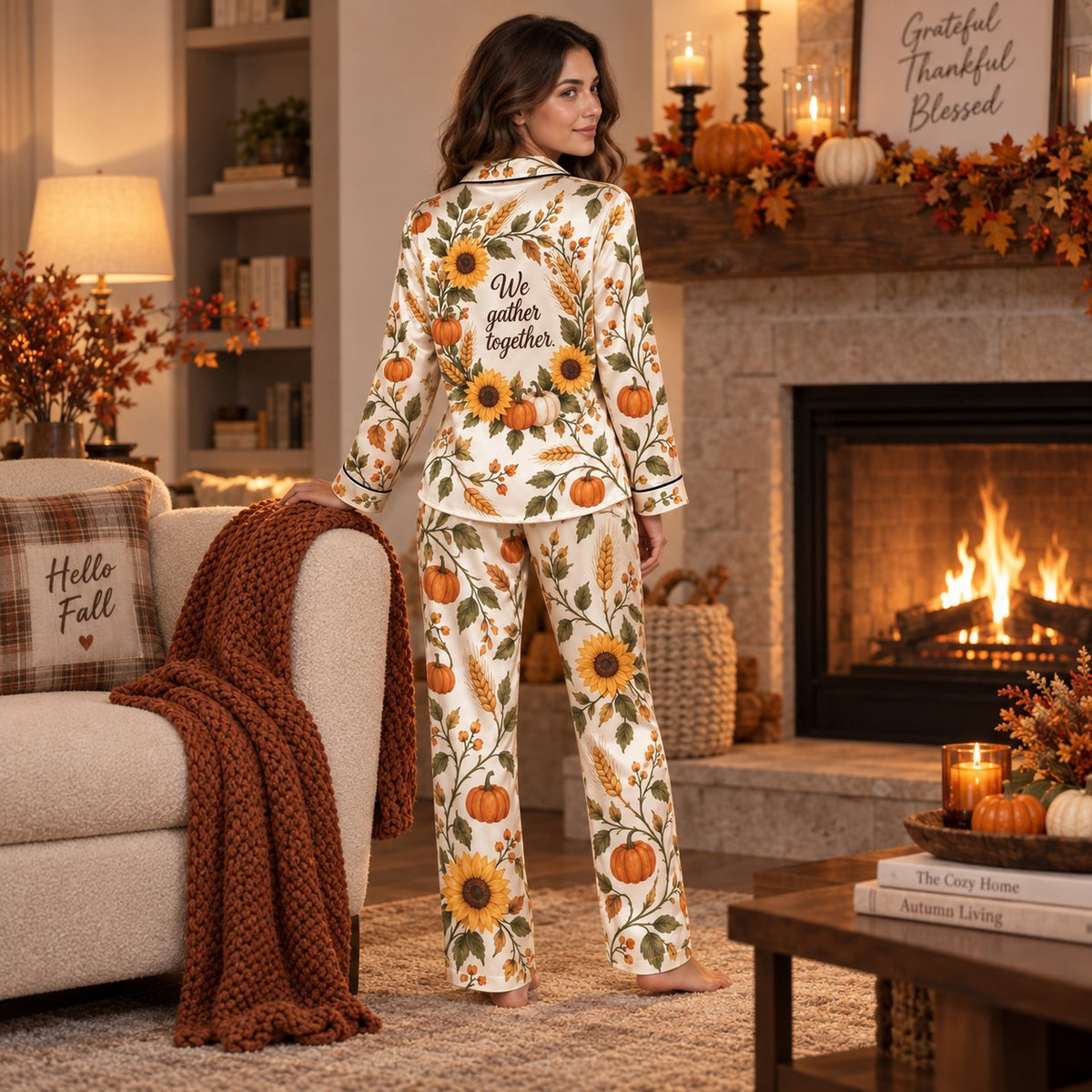 woman in thanksgiving satin pyjamas standing by a harvest decorated fireplace