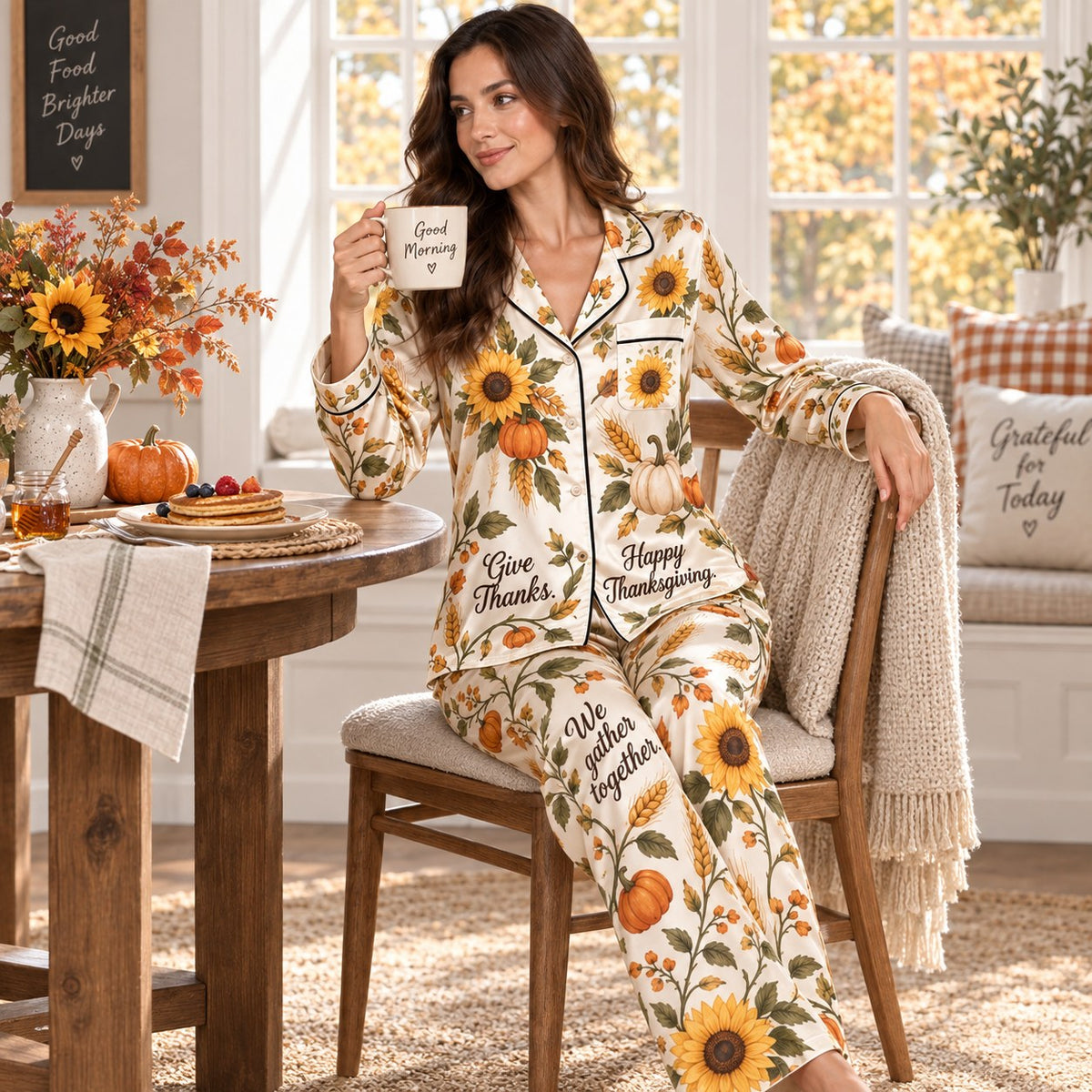 seated model in pumpkin and sunflower satin pyjamas holding a coffee mug