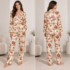 satin thanksgiving pyjamas with turkey and pumpkin pie print, front view on