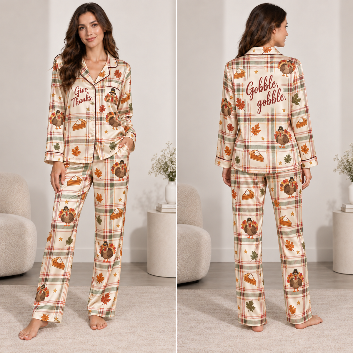 satin thanksgiving pyjamas with turkey and pumpkin pie print, front view on