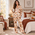 back of thanksgiving pyjamas set showing gobble gobble lettering in plaid print
