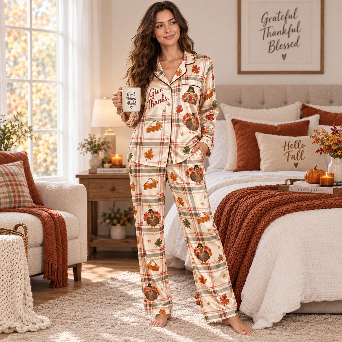 back of thanksgiving pyjamas set showing gobble gobble lettering in plaid print