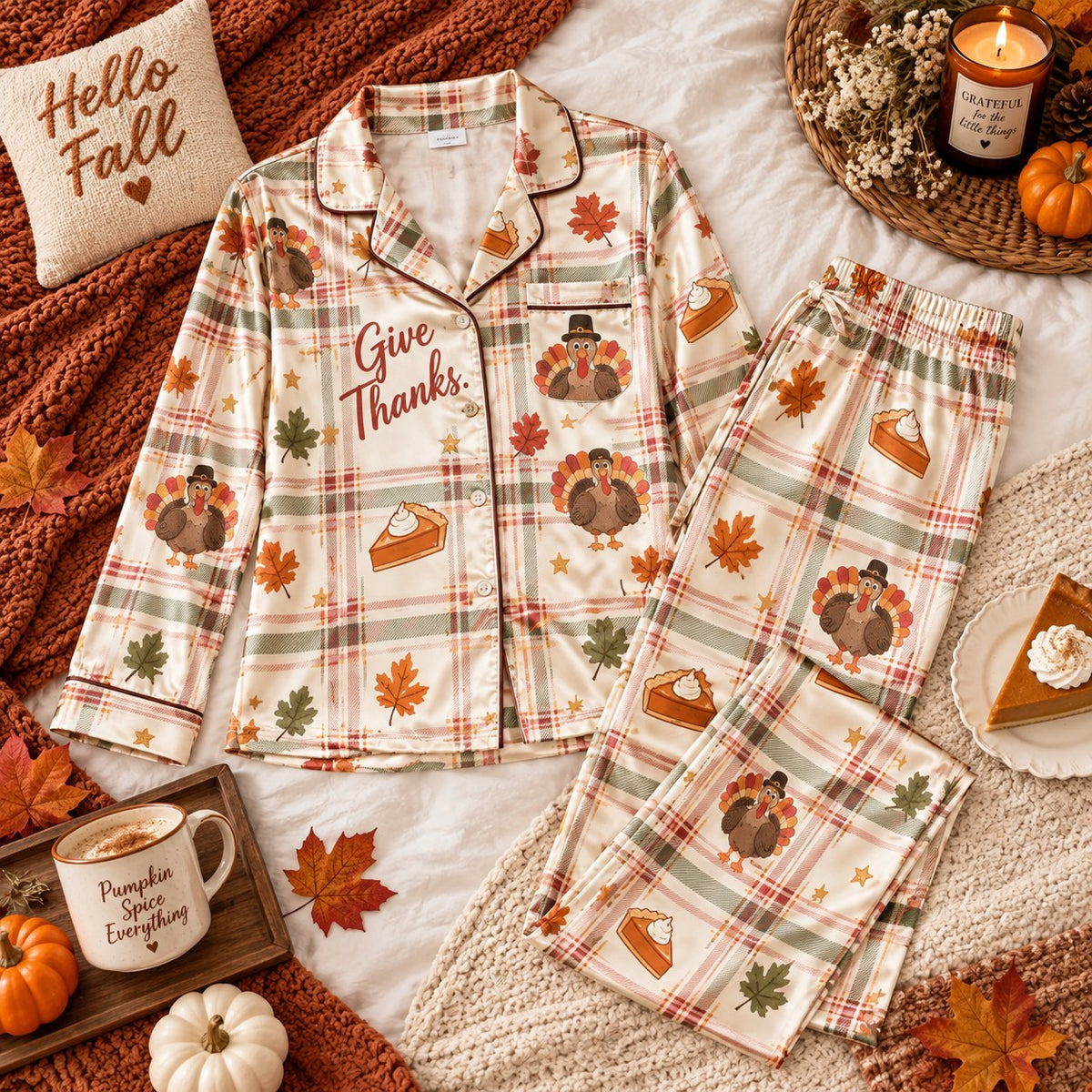 Give Thanks Gobble Gobble Plaid Thanksgiving Pyjamas, Button Up Pyjamas, Sleep In Pyjamas Gifts For Her