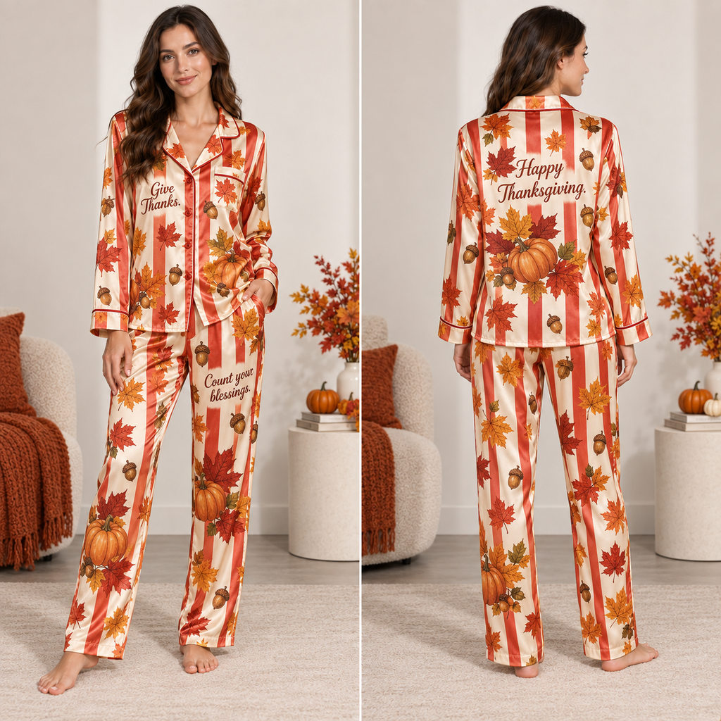 woman modeling thanksgiving satin pyjamas with pumpkins and stripes in a fall